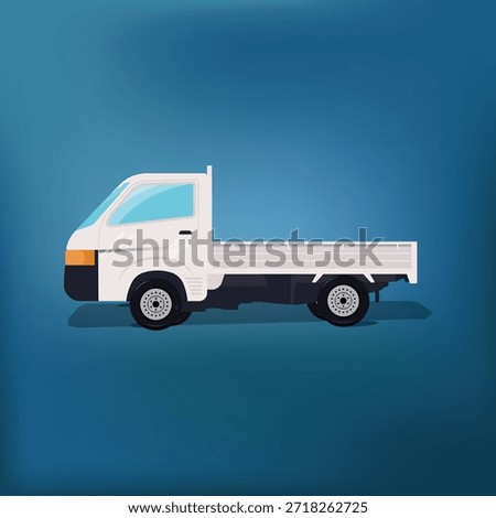 Flat vector illustration of a white pickup truck in side view on a blue gradient background, representing transportation, delivery, logistics, and commercial vehicle concepts