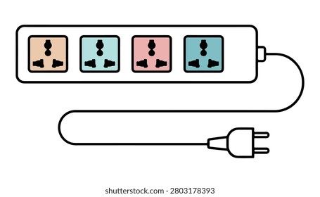 A flat vector illustration of a white universal power strip featuring four multi-colored electrical sockets (peach, mint green, pink, cyan) and an EU type plug with a long wire, isolated on a white background.
