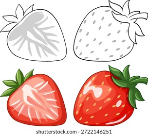 Ilustración vectorial plana de fresas enteras y cortadas a la mitad con versiones artísticas en blanco y negro