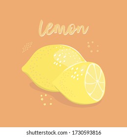 Flat vector illustration of a whole lemon and half a lemon on an isolated orange background.
