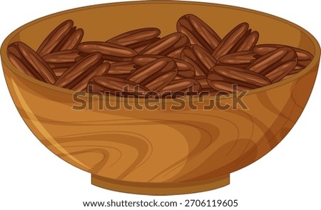 Flat vector illustration of whole pecan nuts in a wooden bowl with warm brown tones.