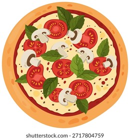 Ilustración vectorial plana de una pizza entera en vista superior con tomates, champiñones, hojas de albahaca y queso derretido. Ilustración de comida limpia y colorida adecuada para menús de restaurantes, marcas de pizzerías, App de entrega de alimentos, diseño de empaques, carteles, volantes, contenido de redes sociales, Sitios web y proyectos culinarios