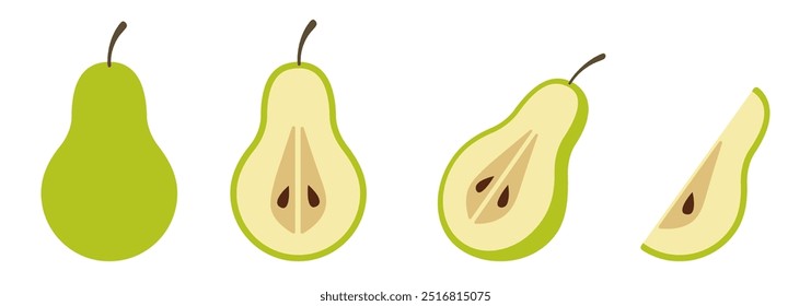 Ilustração vetorial plana de uma pera verde inteira e fatiada, mostrando seções transversais do fruto, sementes e pele em um design simples.