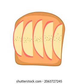 Ilustración vectorial plana de un sándwich de pan integral con pasta de cacahuete, manzana y canela. Desayuno o tentempié delicioso y saludable. Diseño aislado en un fondo blanco.