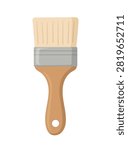 Flat vector illustration of a wide flat paintbrush with natural bristles and wooden handle. Professional painting tool for artists isolated on a white background.