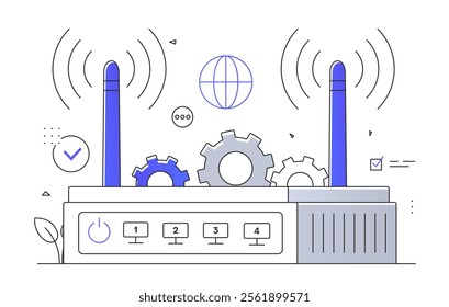 Flat vector illustration of a Wi-Fi router with antennas, signal waves, and gear icons. Concept of internet connectivity, wireless networking, and technology infrastructure