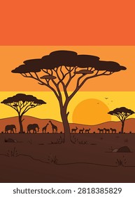 Flat vector illustration of wild animals roaming the African savanna at sunset beneath acacia trees and a warm orange sky.