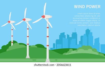 Ilustración vectorial plana de un parque eólico. Adecuado para el elemento de diseño del afiche de la campaña y antecedentes del sitio web para energía renovable y eco-amigable.
