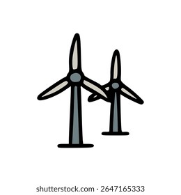 Flat vector illustration of wind turbines in cartoon style with grey blades and white background