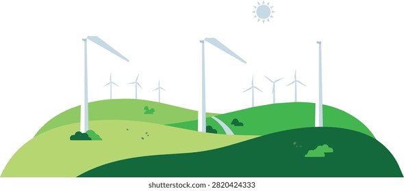 Flat vector illustration of wind turbines standing on lush green rolling hills under a bright sunny sky for renewable wind energy generation.