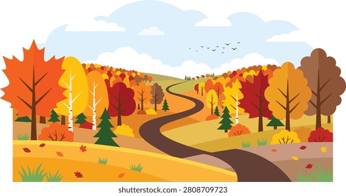 Flat vector illustration of a winding autumn road through a colorful forest landscape with orange trees and blue sky clouds