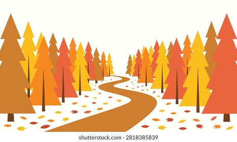 Flat vector illustration of a winding brown road passing through a colorful autumn pine forest with red, orange, and yellow foliage.