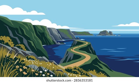 A flat vector illustration of a winding coastal path along steep green cliffs overlooking a serene blue ocean under a clear sky.