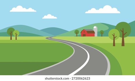 Ilustración vectorial plana de una carretera sinuosa rodeada de campos verdes, árboles y colinas ondulantes bajo un cielo azul claro. Ideal para conceptos de viajes, paisajes rurales, temas de transporte, ilustraciones de mapas, fondos y proyectos de diseño editorial o comercial.