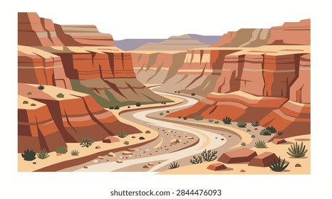 A flat vector illustration of a winding desert canyon with layered rock formations, sparse vegetation, and a dry riverbed.
