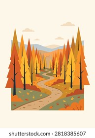 Flat vector illustration of a winding dirt path through a colorful autumn pine forest with distant hills and a clear sky.