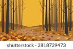 A flat vector illustration of a winding path through a forest during the autumn season with fallen colorful leaves on the ground.