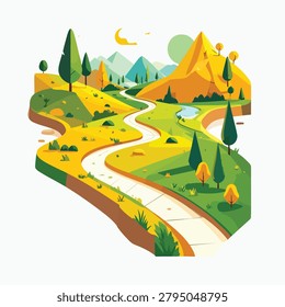 A flat vector illustration of a winding path through hills with trees and mountains in the background featuring warm fall colors.