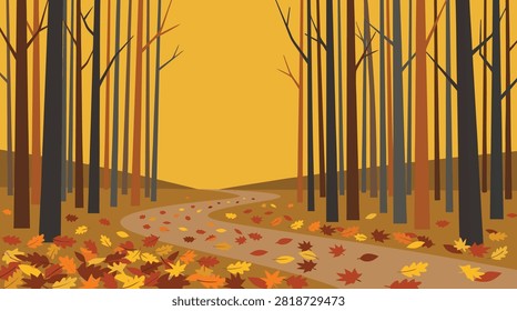 A flat vector illustration of a winding path through a forest during the autumn season with fallen colorful leaves on the ground.