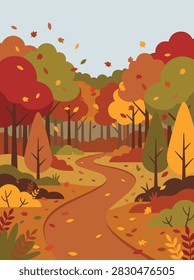 A flat vector illustration of a winding path through a forest during the vibrant autumn season with falling leaves.
