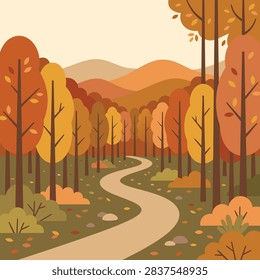 A flat vector illustration of a winding path through a forest during the autumn season with warm orange and yellow foliage.