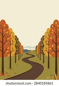 A flat vector illustration of a winding path through a forest during the autumn season with colorful trees and distant rolling hills.