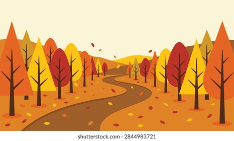 A flat vector illustration of a winding path through a colorful autumn forest with falling leaves and vibrant trees.