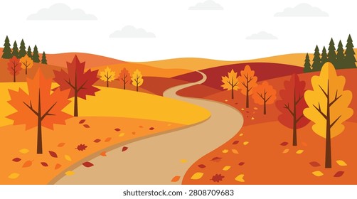 Flat vector illustration of a winding road through a scenic autumn landscape featuring colorful trees and rolling orange hills
