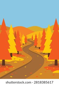 Flat vector illustration of a winding road curving through a colorful autumn forest with orange and yellow trees under a clear blue sky.
