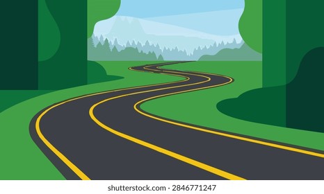 Flat vector illustration of a winding road through a green forest landscape with a curvy highway path among trees under a clear blue sky