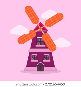 Ilustración vectorial plana de un edificio de molino de viento con cuchillas giratorias sobre un fondo pastel. Perfecto para su uso en contenido educativo, juegos, carteles y proyectos de diseño creativo