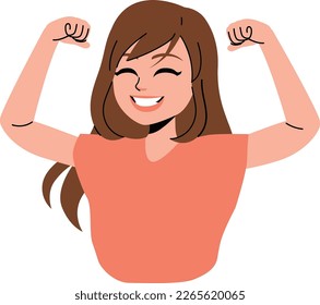 Flat vector illustration of winning happy confident woman. Successful smiling female character showing strength with fists up. positive emotion concept