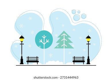 Ilustración vectorial plana de un parque de la ciudad invernal con bancos, farolas, copos de nieve y árboles estilizados.