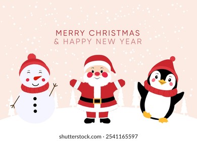 Flat vector illustration
Winter emotional illustration. Christmas, New Year. Cute vector illustration with happy santa claus and snowman. Christmas print with funny Santa in red wool hat.