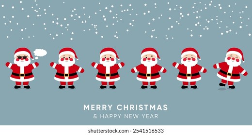 Flat vector illustration
Winter emotional illustration. Christmas, New Year. Cute vector illustration with happy santa claus and snowman. Christmas print with funny Santa in red wool hat.