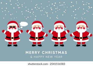 Flat vector illustration
Winter emotional illustration. Christmas, New Year. Cute vector illustration with happy santa claus and snowman. Christmas print with funny Santa in red wool hat.