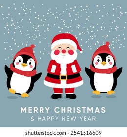 Flat vector illustration
Winter emotional illustration. Christmas, New Year. Cute vector illustration with happy santa claus and snowman. Christmas print with funny Santa in red wool hat.