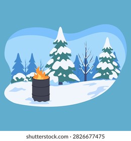 Flat vector illustration of a winter forest scene with snow-covered pine trees, bare trees and a flaming metal barrel on the snow. Isolated on a blue background with copy space — ideal as a cold-weather backdrop for winter and warming-up compositions.
