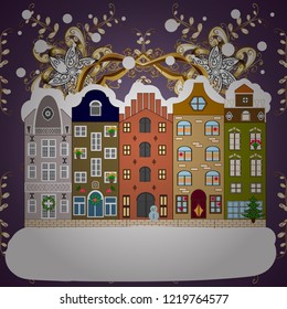 Flat Vector illustration. Winter house. Christmas and Happy New Year greeting card.