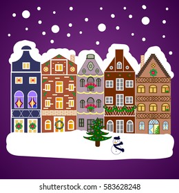 Flat Vector illustration. Winter house. Christmas and Happy New Year greeting card.