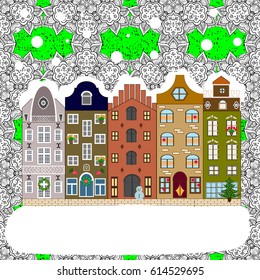 Flat Vector illustration. Winter house. Christmas and Happy New Year greeting card.