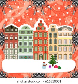 Flat Vector illustration. Winter house. Christmas and Happy New Year greeting card.