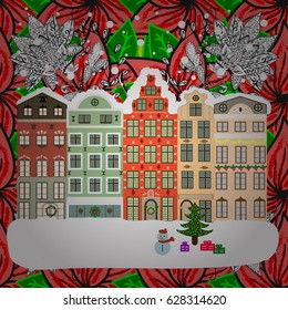Flat Vector illustration. Winter house. Christmas and Happy New Year greeting card.