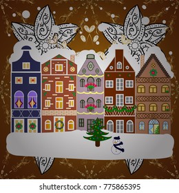 Flat Vector illustration. Winter house. Christmas and Happy New Year greeting card.