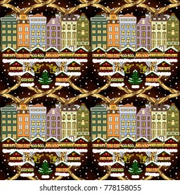 Flat Vector illustration. Winter house. Christmas and Happy New Year greeting card.