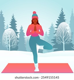 Flat Vector Illustration of Winter Yoga Tree Pose Vrksasana Standing Balance Pose Woman Practicing Yoga in Snowy Landscape