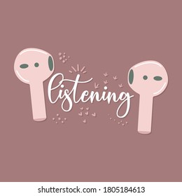 Flat vector illustration of wireless headphones with the words listening on a dark pink background. The concept of listening to music through modern stereo headphones without a cable.