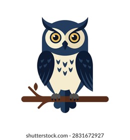 Flat vector illustration of a wise great horned owl with yellow eyes perched on a wooden tree branch isolated on white background.