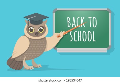 Flat vector illustration of a wise owl in a mortar board showing a pointer at a blackboard
