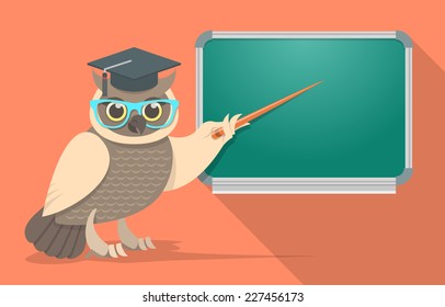 Flat vector illustration of a wise owl in a mortar board and glasses showing a pointer at a green school board. Educational banner. Teacher or instructor concept.